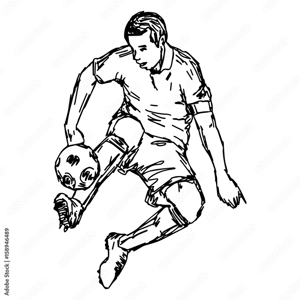 soocer player kicking ball - vector illustration sketch hand drawn with black lines, isolated on white background