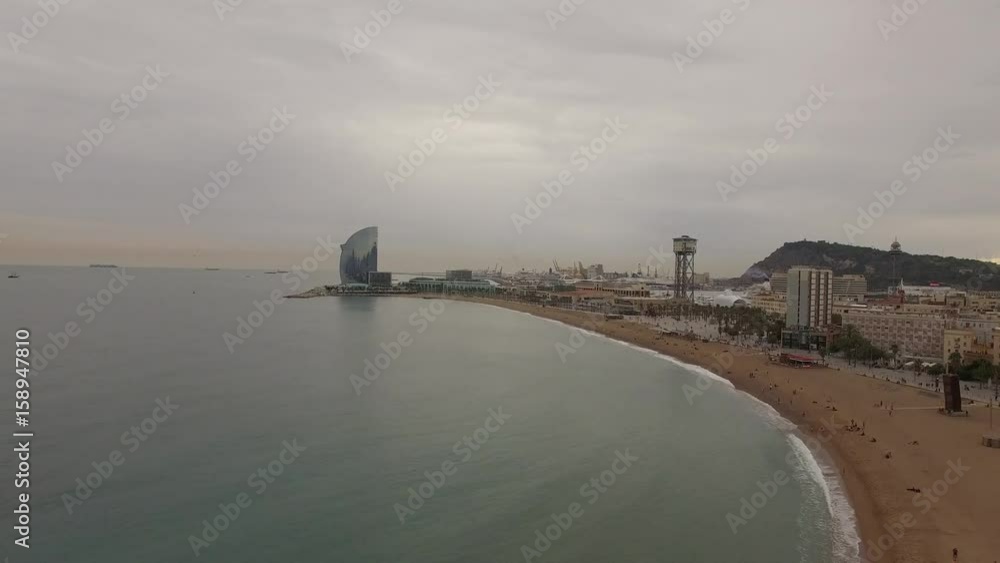 Barcelona, Spain- Aerial shot of the city, beach, and landmarks Barcelona, Spain- Aerial shot of the city, beach, and landmarks