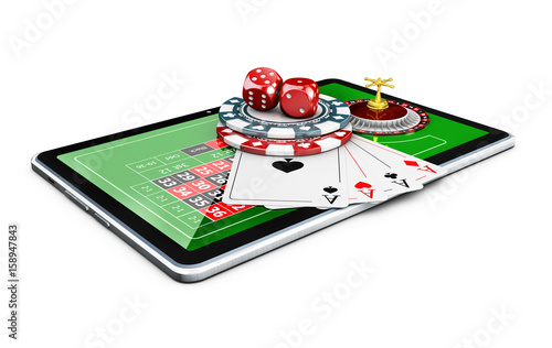 3d Illustration of dice, poker playing cards and chips, on the tablet