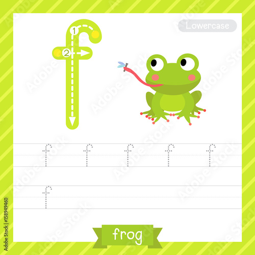Letter F lowercase tracing practice worksheet with frog for kids learning to write. Vector Illustration.
