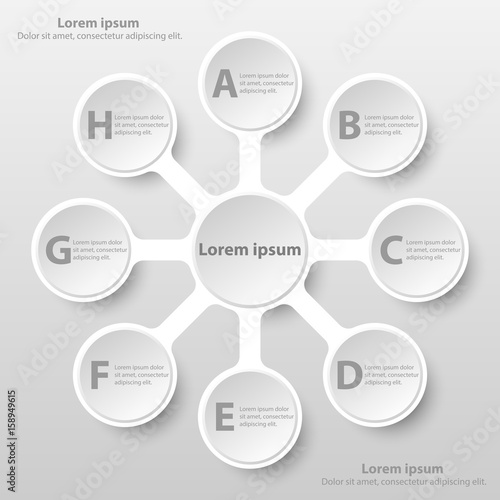 Simple white 3d paper circle with eight topics for website presentation cover poster vector design info graphic illustration concept