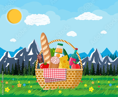 WIcker picnic basket full of products and nature