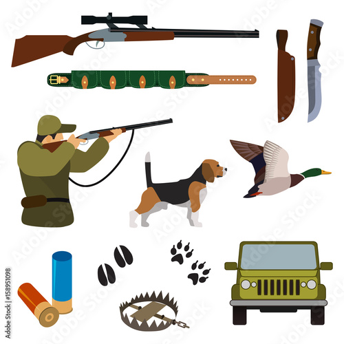 Flat hunting set. Isolated colored objects on white background. Vector .