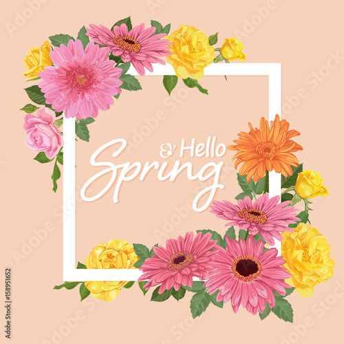 Fototapeta Naklejka Na Ścianę i Meble -  Decorative vintage gerbera with roses and leaves in white frame with hello spring text. Vector set of blooming flower for your design. Adornment for wedding invitations and greeting card.