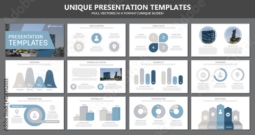 Set of blue and gray elements for multipurpose presentation template slides with graphs and charts. Leaflet, corporate report, marketing, advertising, annual report, book cover design.