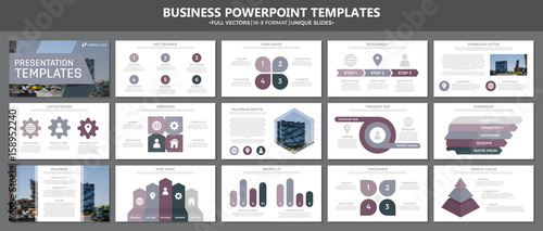 Set of purple elements for multipurpose presentation template slides with graphs and charts. Leaflet, corporate report, marketing, advertising, annual report, book cover design.