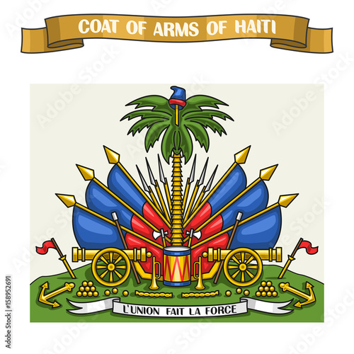 Vector illustration on theme Haitian Coat of Arms, heraldic shield on national state flags - Emblem of Haiti, on ribbon title text: coat of arms of haiti, haitian official heraldry, symbolic emblem.