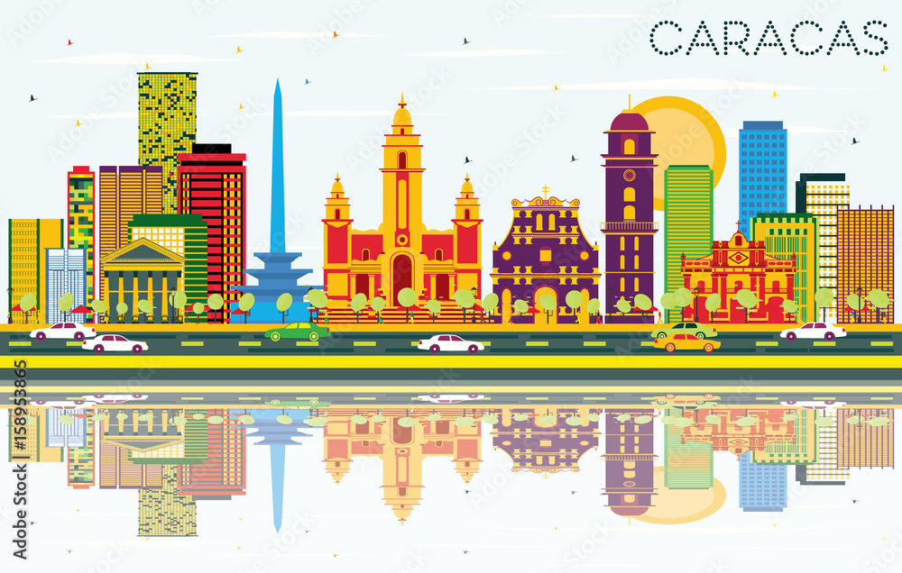 Naklejka premium Caracas Skyline with Color Buildings, Blue Sky and Reflections.