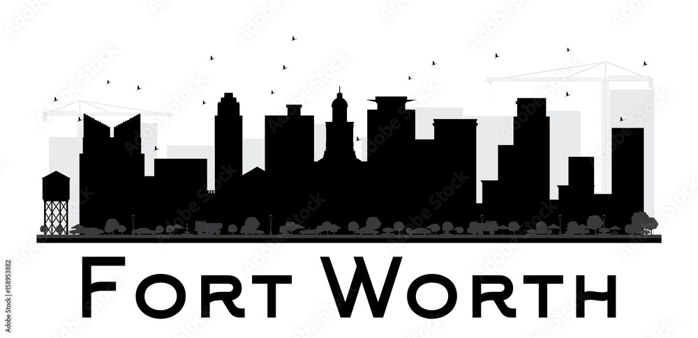 Fort Worth City skyline black and white silhouette.