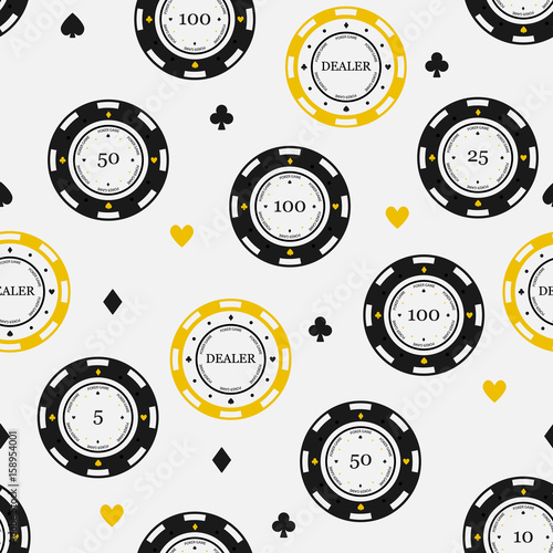 Vector seamless pattern of card suits and poker chips. Black and yellow