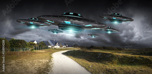 Fotografia, Obraz UFO invasion on planet earth landascape 3D rendering