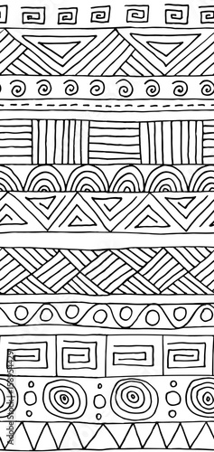 Seamless vector pattern. Black and white geometrical background with hand drawn decorative tribal elements