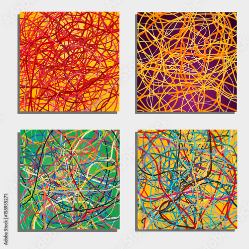 Set of four beautiful abstract backgrounds  with moving colorful lines. Bright background of curves lines with a lot of colors. Vector illustration.
