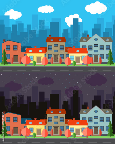 Vector city with five one and two-story cartoon houses in the day and night. Summer urban landscape. Street view with cityscape on a background

