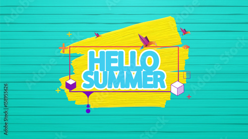 Hello Summer Vector Background, Label on Colorful Wooden Floor.