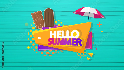Hello Summer Vector Background, Label on Colorful Wooden Floor.