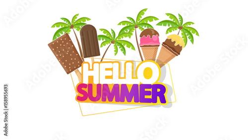 Hello Summer Lettering with Ice Cream  Isolated on White