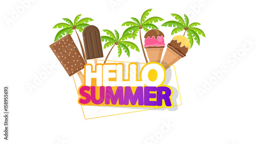 Hello Summer Lettering with Ice Cream, Isolated on White