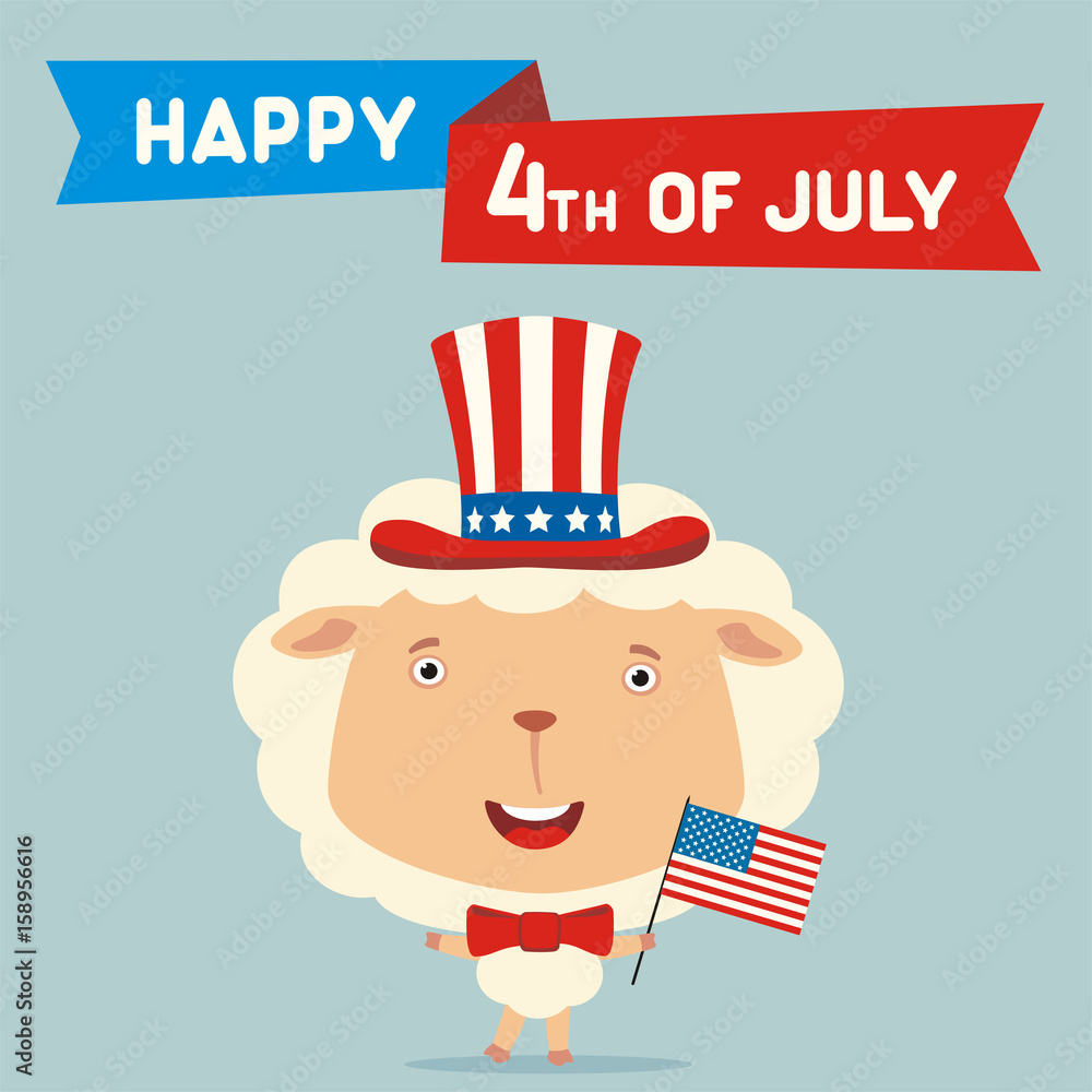 Happy 4th of july! Funny sheep with flag USA for independence day. Greeting  card for independence day USA with cartoon sheep. Stock Vector | Adobe Stock