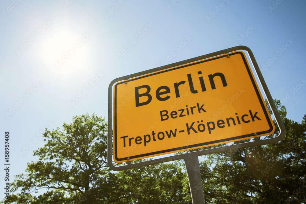 City of Berlin information road sign with a sunny blue sky background City of Berlin information road sign with a sunny blue sky background