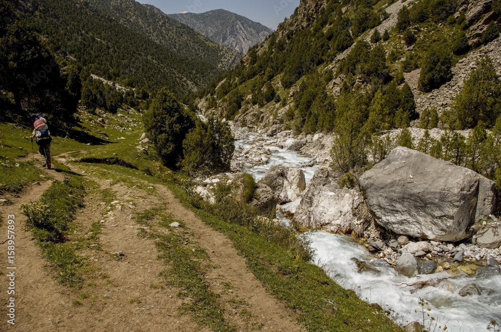 stormy mountain river in the mountains landscape with mountains, river, flowing waves in the foreground. tourist with a backpack goes stormy mountain river in the mountains landscape with mountains, river, flowing waves in the foreground. tourist with a backpack goes