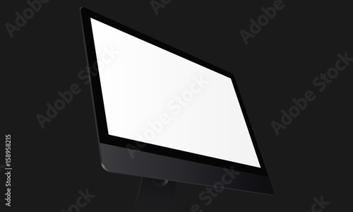Black computer monitor with blank screen on dark background. Display with perspective view to showcase your website design in modern style. Vector illustration