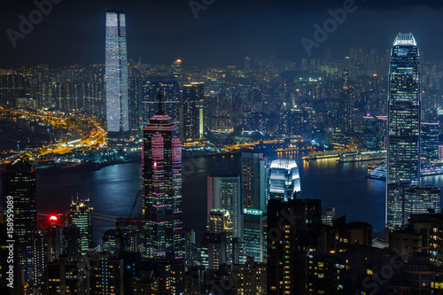 Aerial view from Victoria peak to skyscrapers of Hong Kong and Kowloon islands  Hong Kong  China
