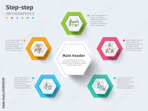 Business 5 step process chart infographics with step circles. Bright corporate graphic elements. Company presentation slide template. Modern vector info graphic layout design.