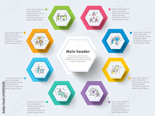 Business 8 step process chart infographics with step circles. Bright corporate graphic elements. Company presentation slide template. Modern vector info graphic layout design.