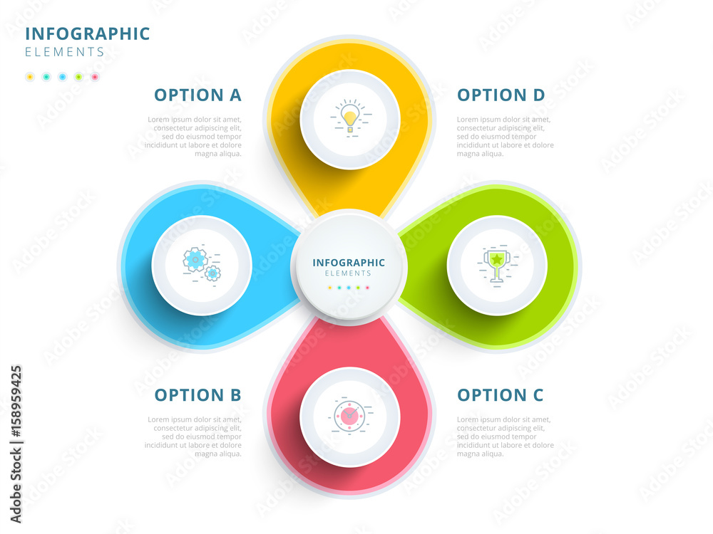Clean minimalistic business 4 step process chart infographics with step circles. Bright corporate graphic elements. Company presentation slide template. Modern vector info graphic layout design.