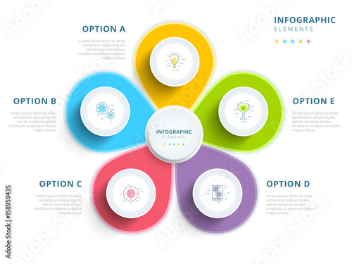 Clean minimalistic business 5 step process chart infographics with step circles. Bright corporate graphic elements. Company presentation slide template. Modern vector info graphic layout design.