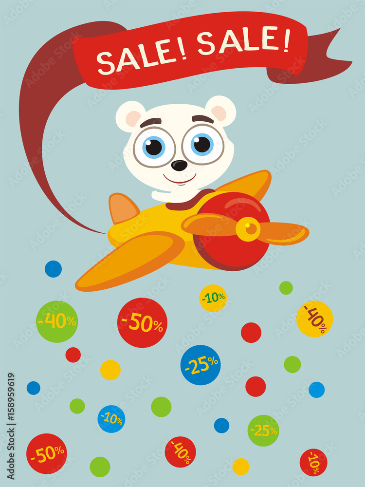 Poster seasonal sale. Funny polar bear in cartoon style flies and scatters  discounts. Banner for sale of children products with little polar bear.  Stock Vector | Adobe Stock