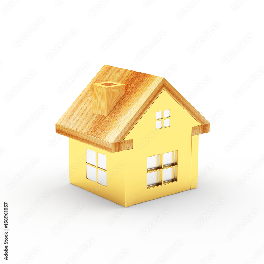 Golden house with wooden roof isolated on white background. 3D illustration Golden house with wooden roof isolated on white background. 3D illustration