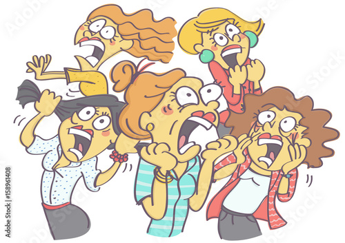 Funny vector cartoon with group of women in panic and horror