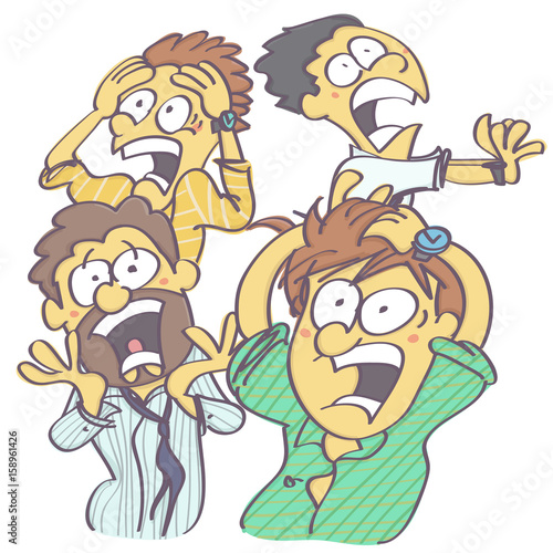 Funny vector cartoon with group of men in panic and horror