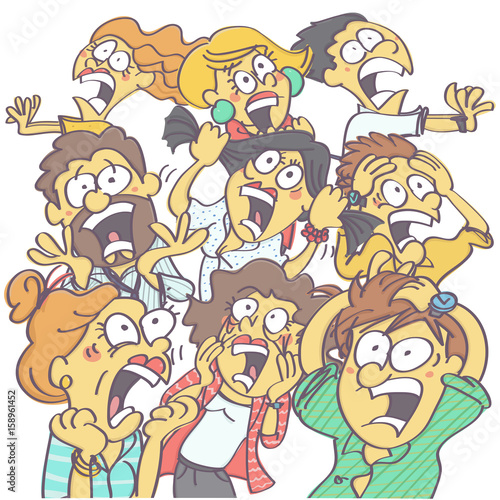 Colorful, funny vector carton with group of people panicking and screaming