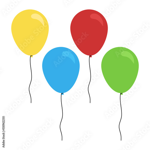 Cute colorful balloons with strings, isolated flat icon of balloons, vector illustration doodle cartoon drawing.