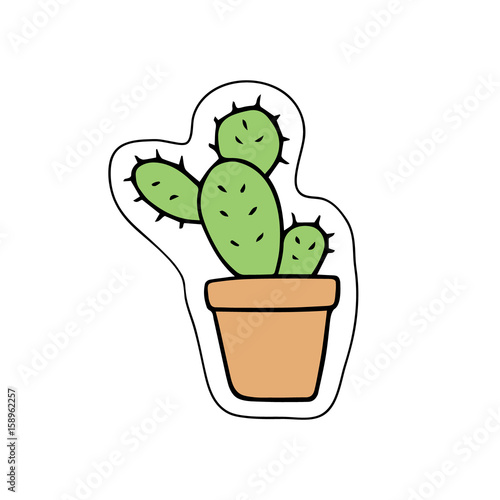 Cute little cacti in orange or beige plant pot. Vector illustration doodle cartoon drawing. Isolated sticker icon.