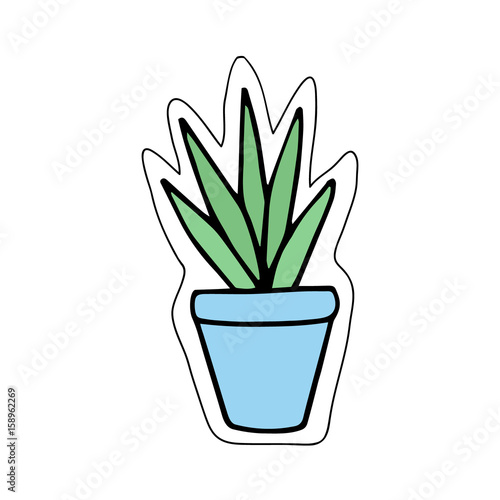 Cute little cacti in blue plant pot. Vector illustration doodle cartoon drawing. Isolated sticker icon.