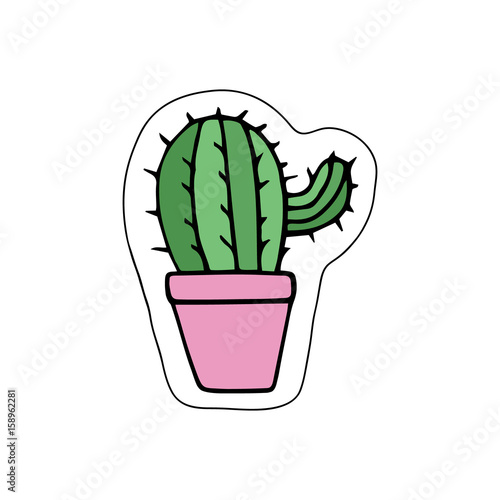 Cute little cacti in pink plant pot. Vector illustration doodle cartoon drawing. Isolated sticker icon.
