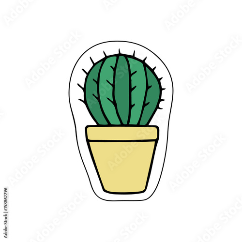 Cute little cacti in yellow plant pot. Vector illustration doodle cartoon drawing. Cactus isolated sticker icon.