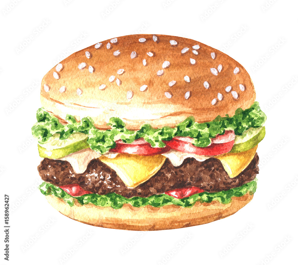 Hand drawn watercolor delicious burger illustration, fastfood isolated on white background. Hand drawn watercolor delicious burger illustration, fastfood isolated on white background.
