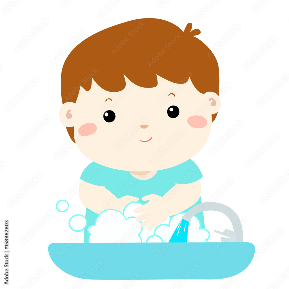 Cute boy washing hands in Washbasin vector.