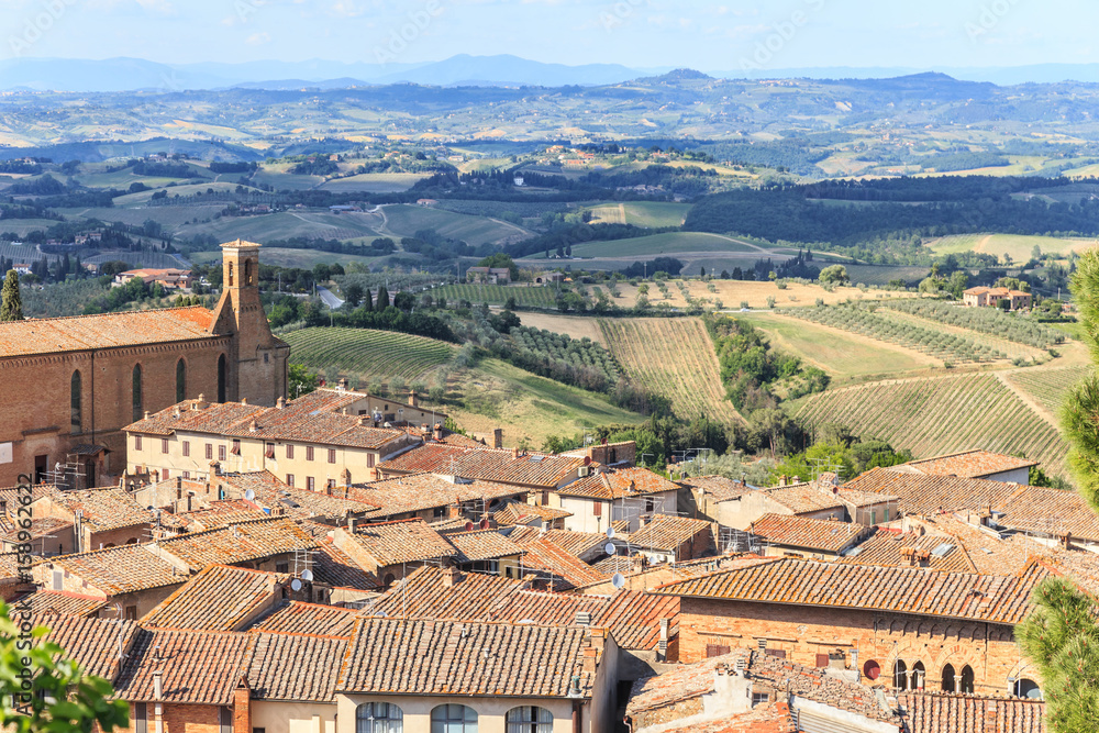 Panoramic view of area above roofs of medieval San Gimignano