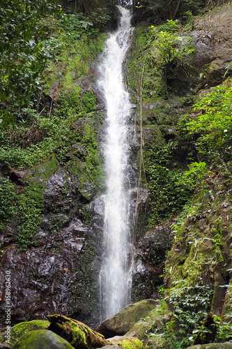 Beautiful view of waterfall landscape. Small waterfall in deep green forest scenery.