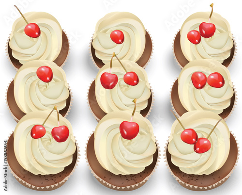 Cupcakes on a white table. Summer delicious desserts cherry vanilla flavors