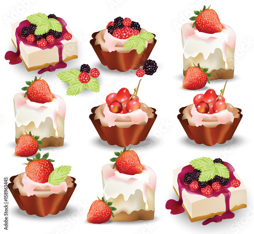Set of delicious sweets and desserts with fruits. Summer confectionary bakery treats Vector illustration