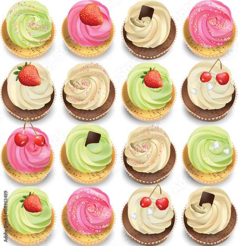 Cupcakes set on a white backgrpund. Summer delicious colorful desserts