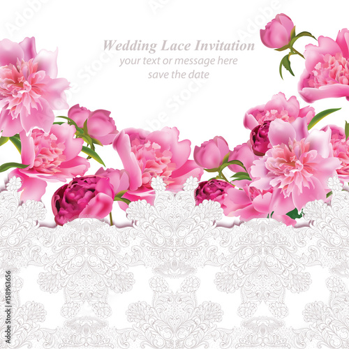 Peony flowers and delicate lace card. Springtime fresh natural composition Ve...