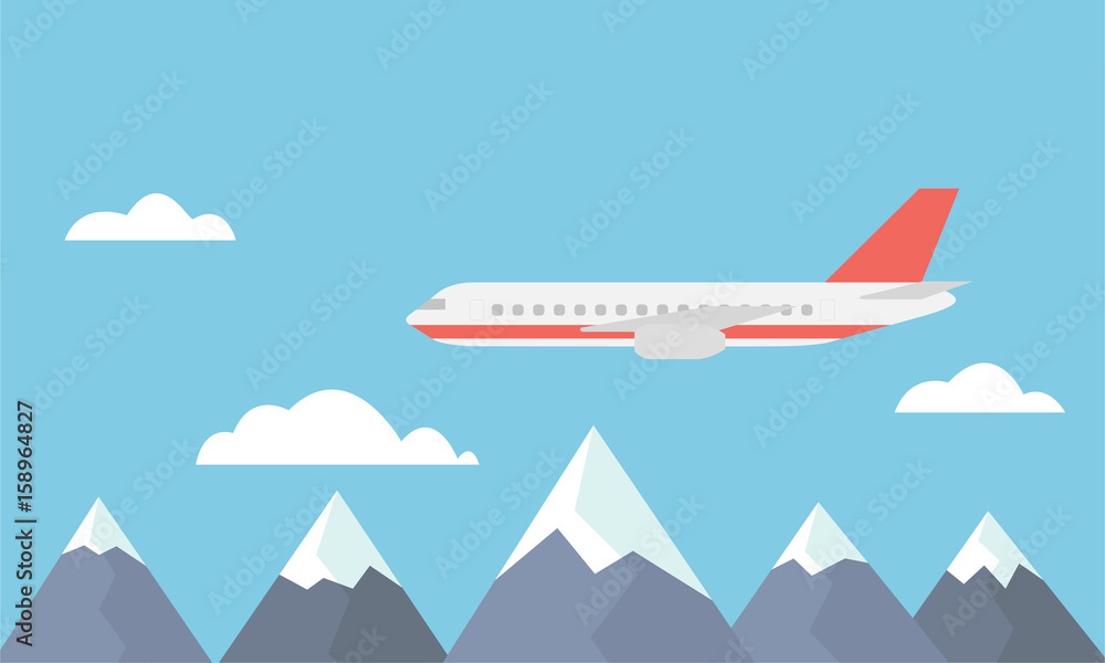 View of a large and fast airliner flying over the mountains between clouds on a blue sky - vector